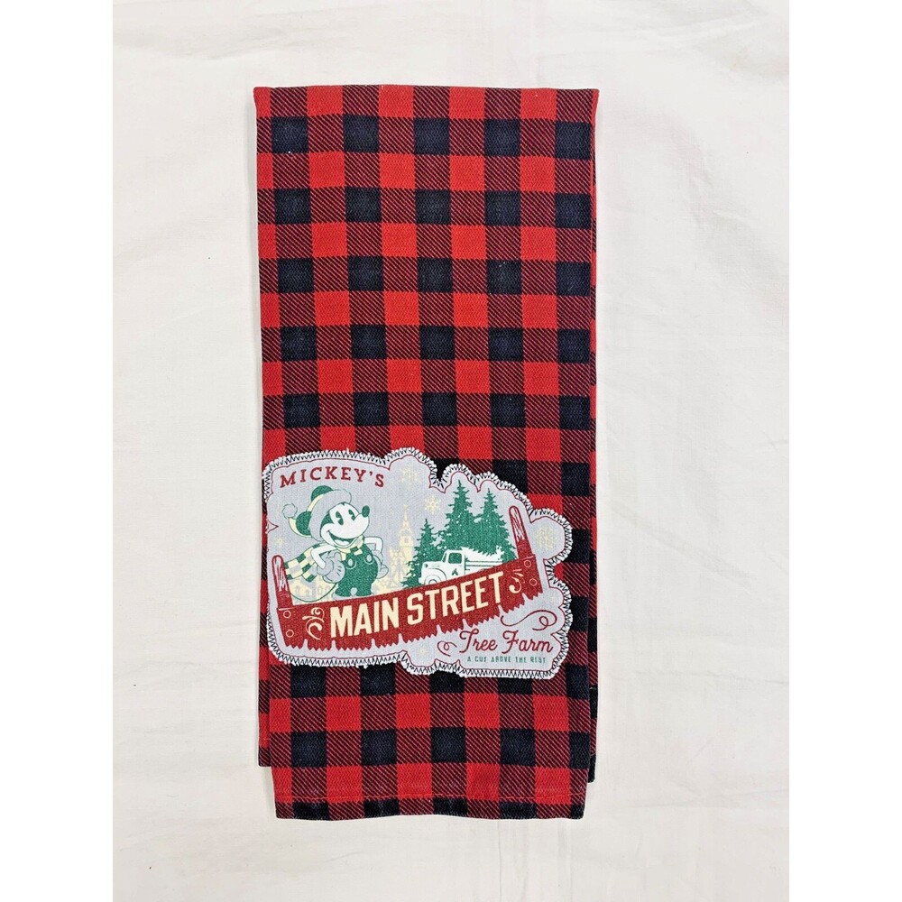 Disney Mickey Mouse Kitchen Hand Towel Main Street Tree Farm Red Plaid Winter